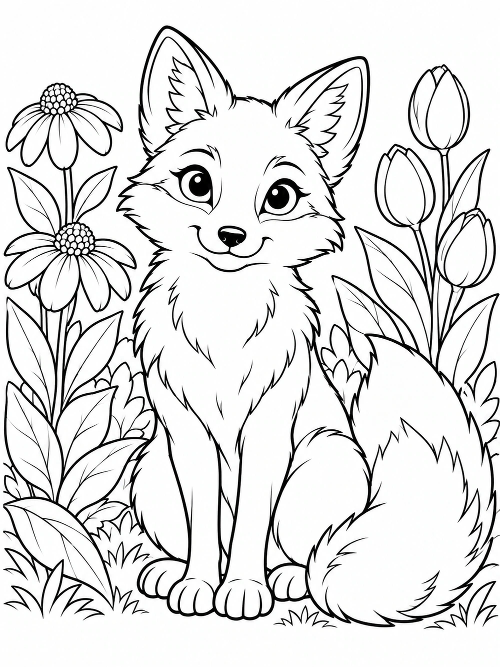 Seated fox with a bushy tail among flowers and broad leaves