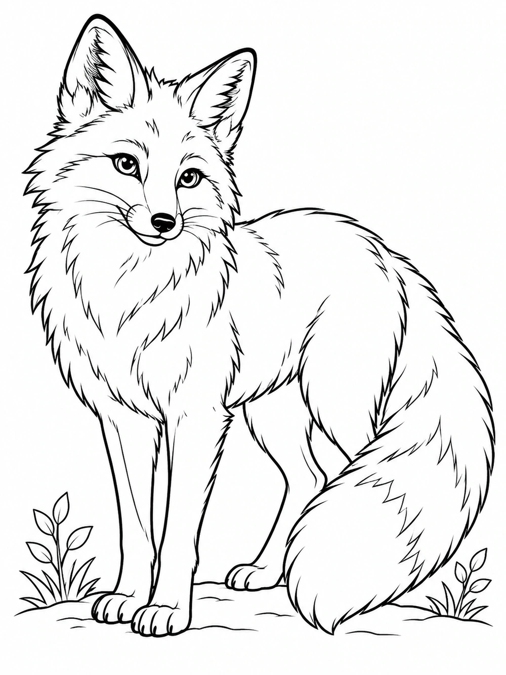 Line-art fox standing beside two small plants with its tail curled around its side