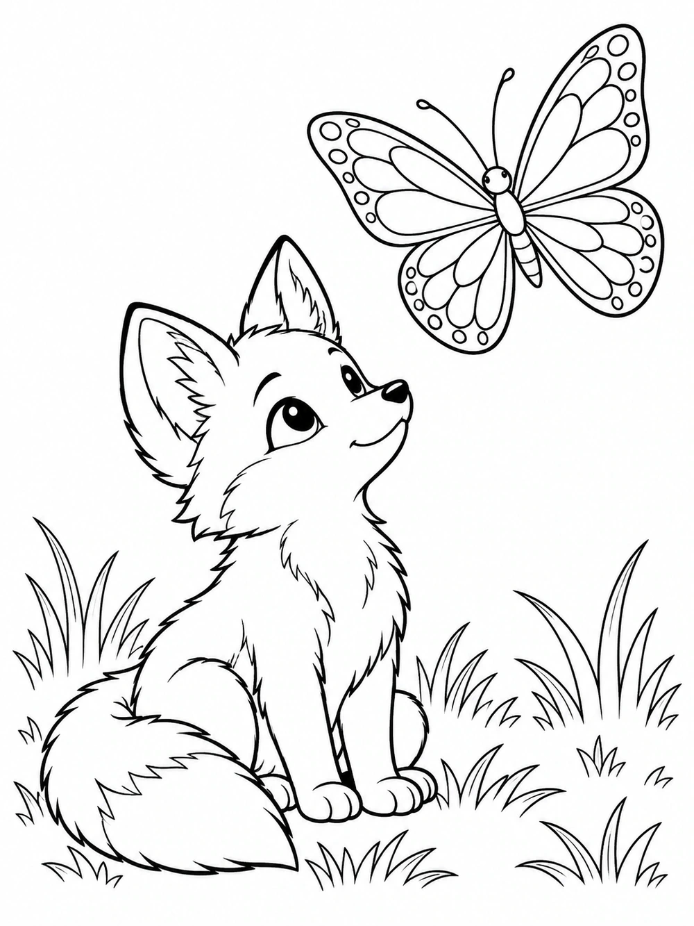 A seated fox kit looks up at a large patterned butterfly in a meadow with tufts of grass.