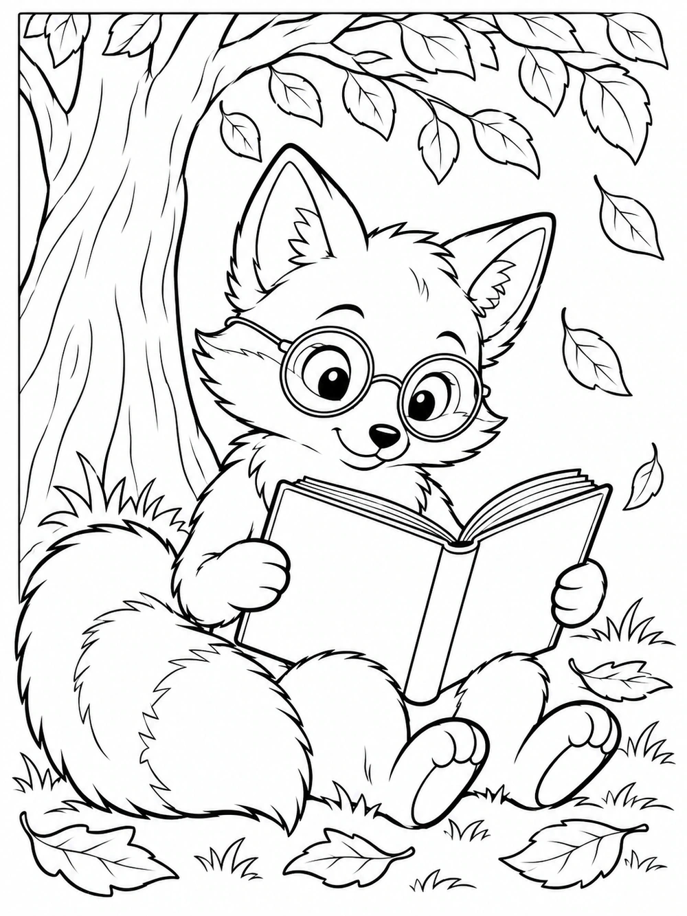 A smiling fox wearing round glasses reads a blank open book beneath a leafy tree, surrounded by fallen leaves and grass.