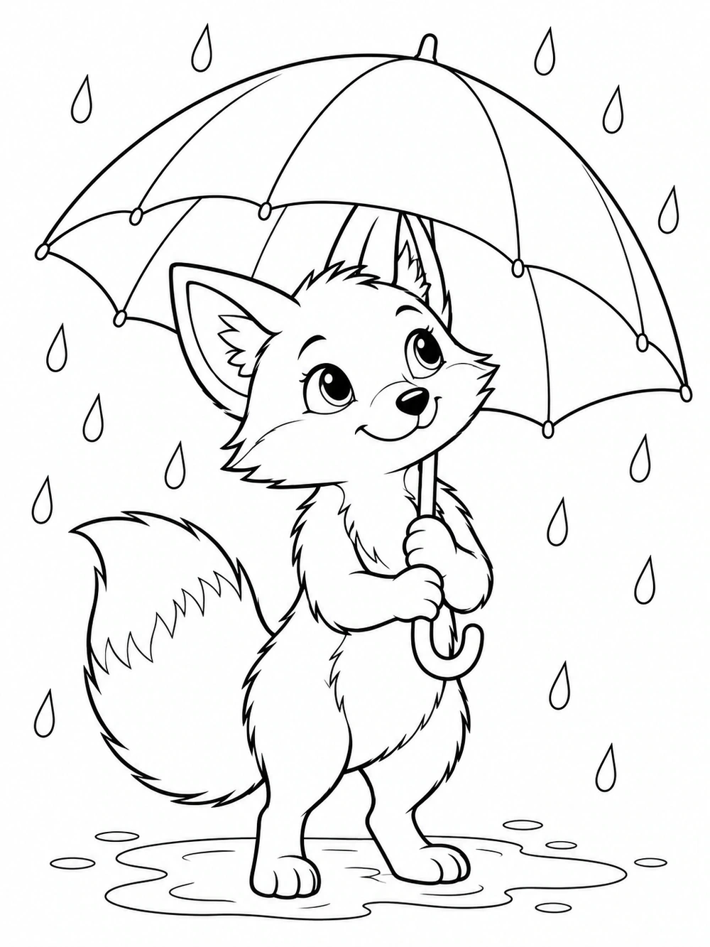 A standing fox holding a large segmented umbrella in the rain, above a small puddle.