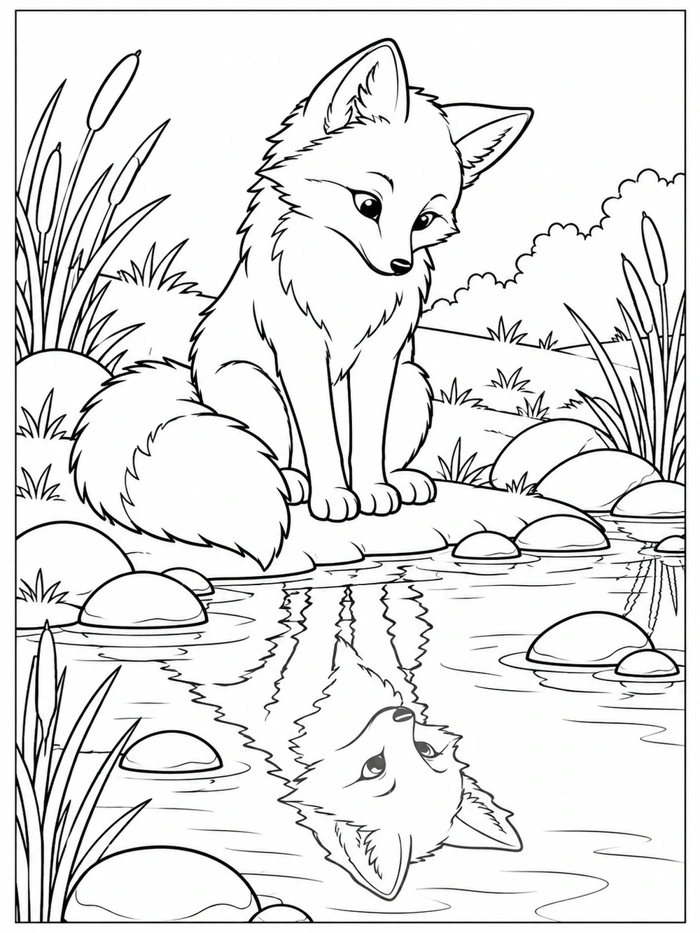 A seated fox gazes at its reflection in a stream, surrounded by stones and reeds.