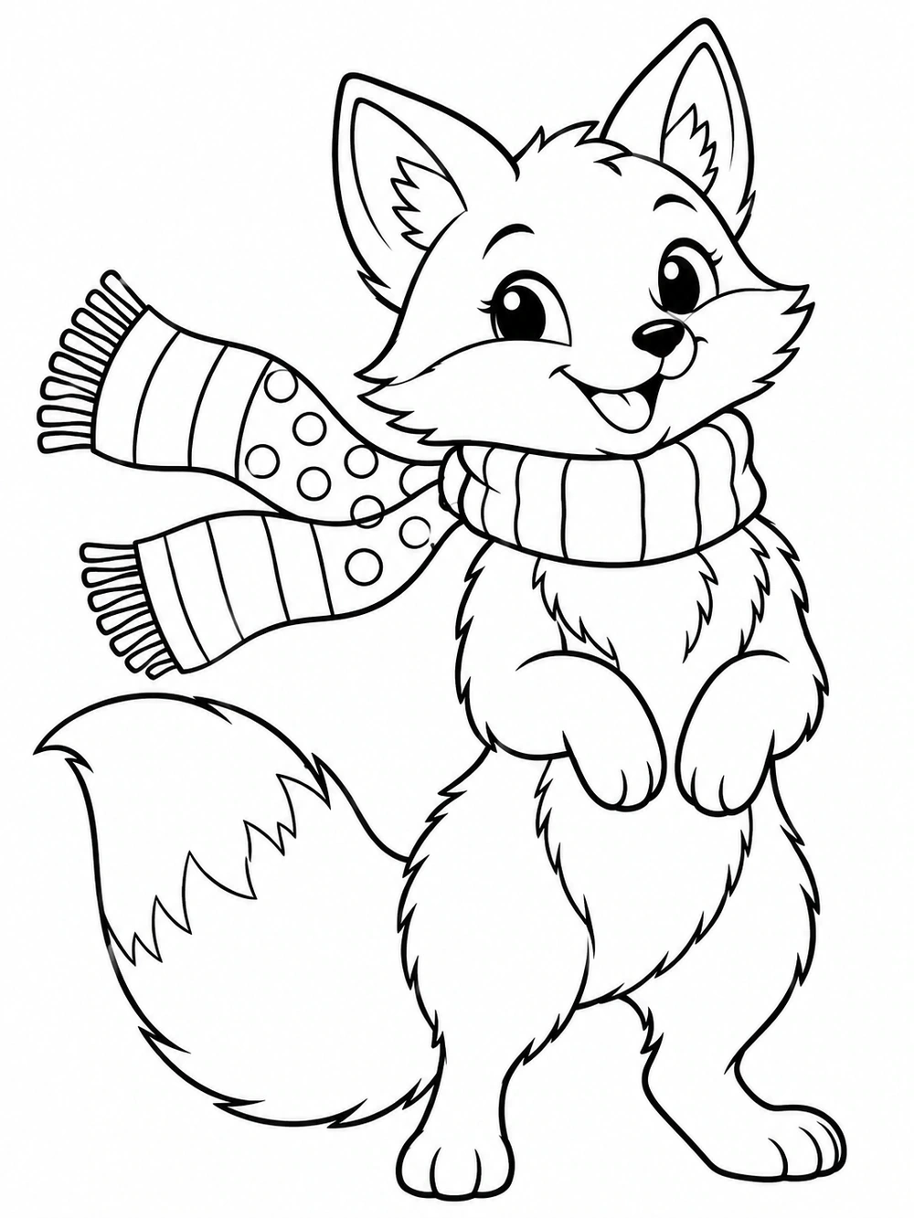 Upright smiling fox with a large bushy tail and a long striped and dotted scarf trailing to the side
