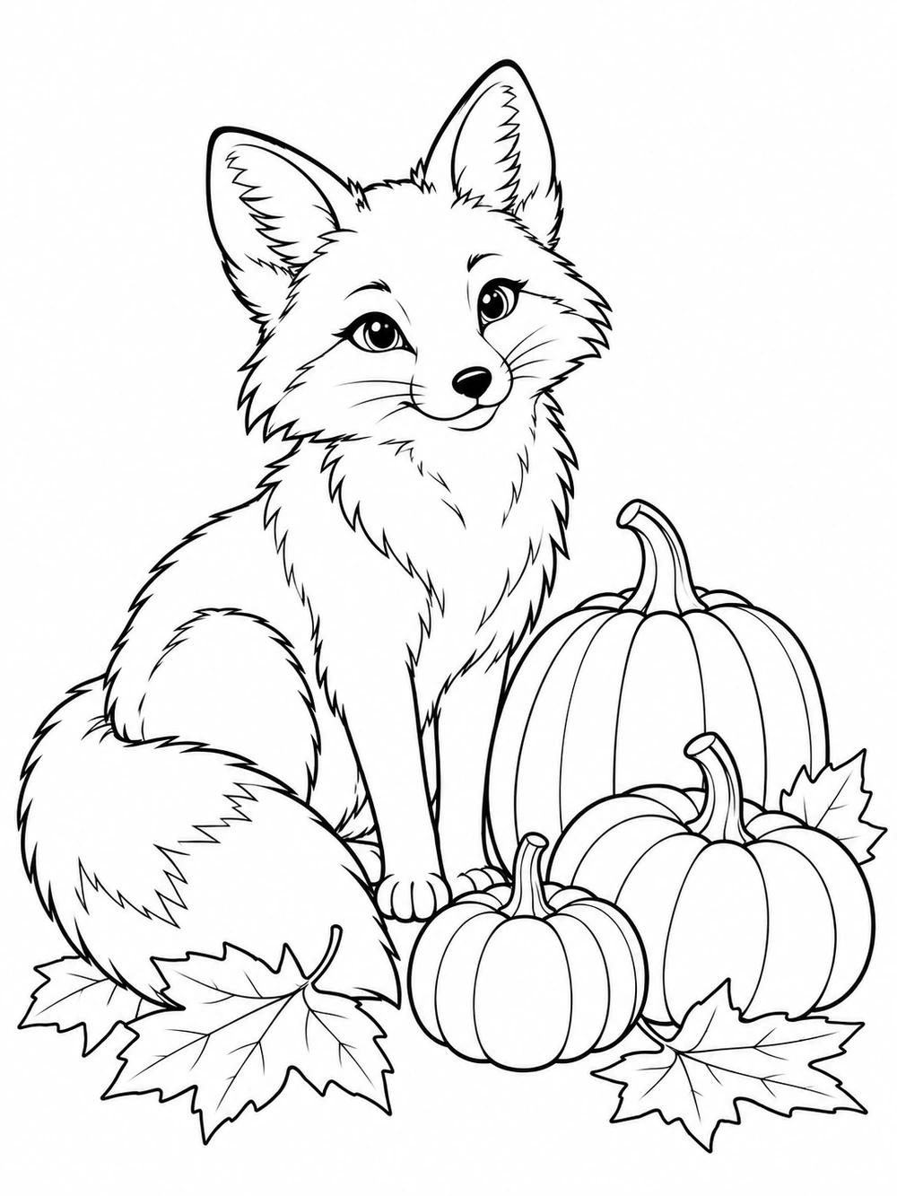 A seated fox with a large fluffy tail beside three ribbed pumpkins and broad leaves, drawn in black outlines on white.