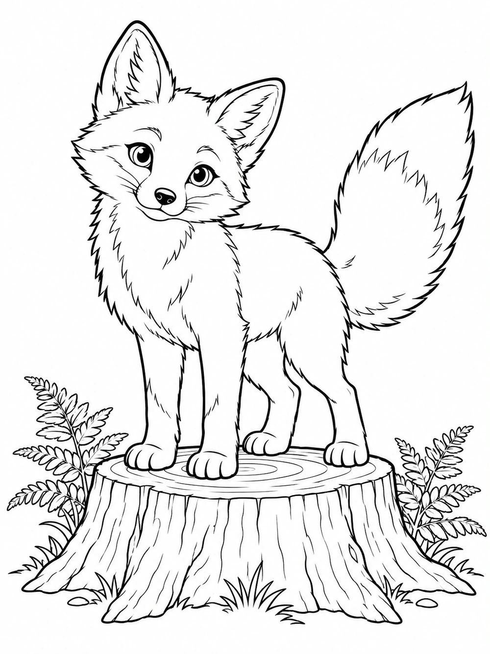 A young fox stands on a wide tree stump with its tail raised and small ferns around it.