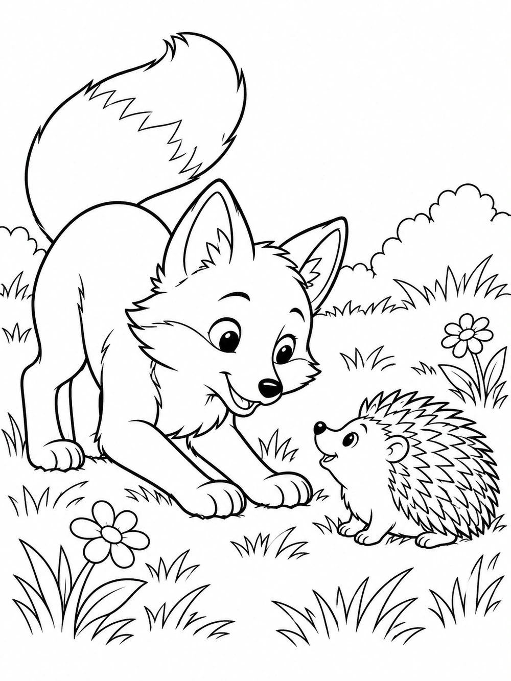 A crouching fox and a small, quilled hedgehog greet each other in a meadow.