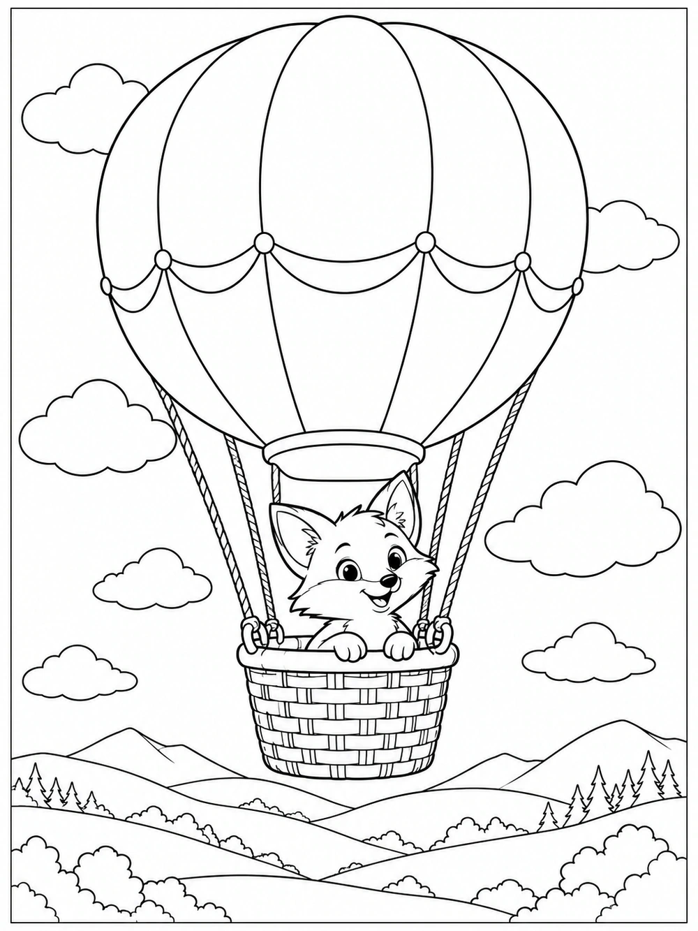 Fox peeking from a basket beneath a large hot air balloon, with clouds and distant hills