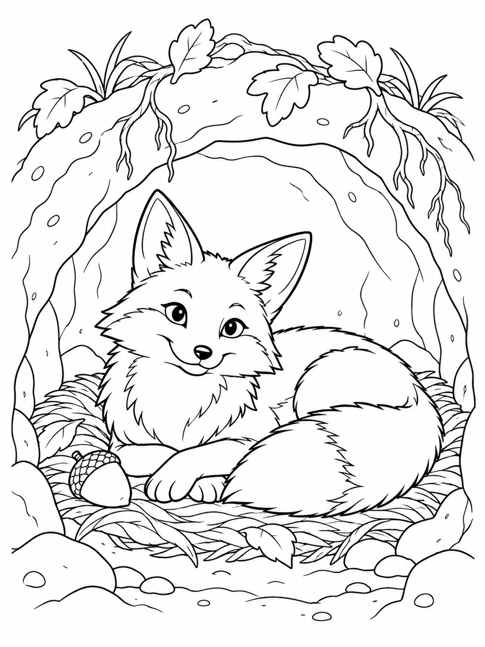 A relaxed fox rests on a nest-like bed inside an arched den, with leaves, roots, and one acorn nearby.