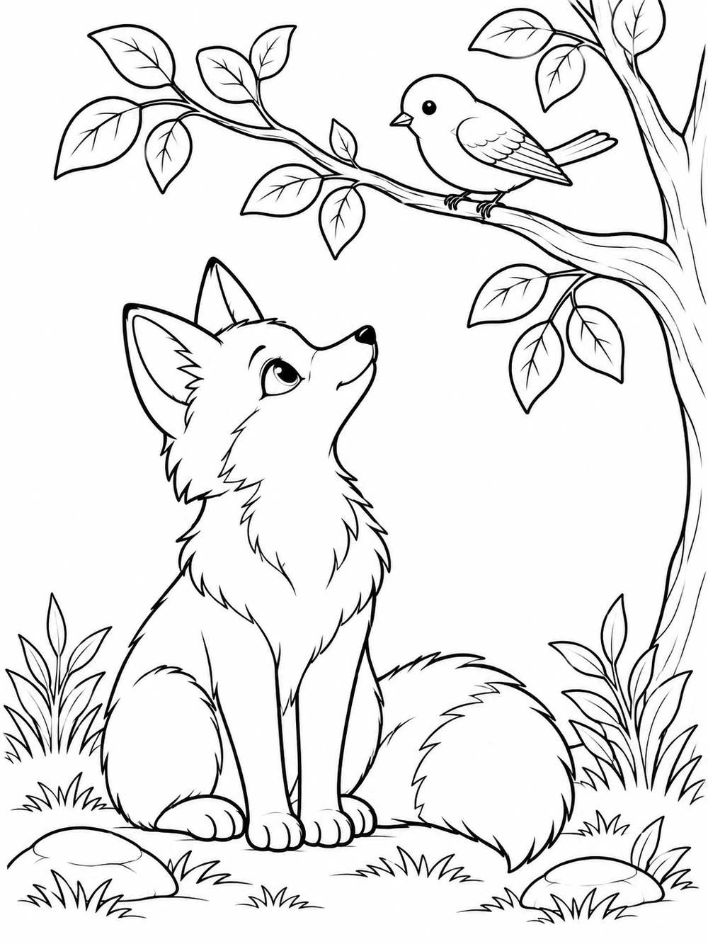 A seated fox looks up at a songbird perched on a leafy branch.
