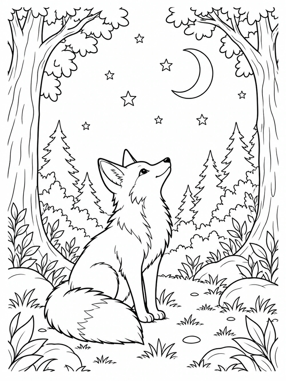Fox gazing upward at outlined stars and a crescent moon in a forest clearing