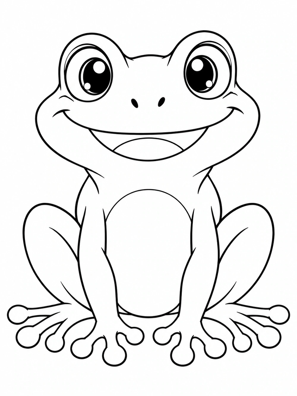 A forward-facing frog sitting upright with large eyes, a broad smile, and rounded toes, drawn in black outlines on white.