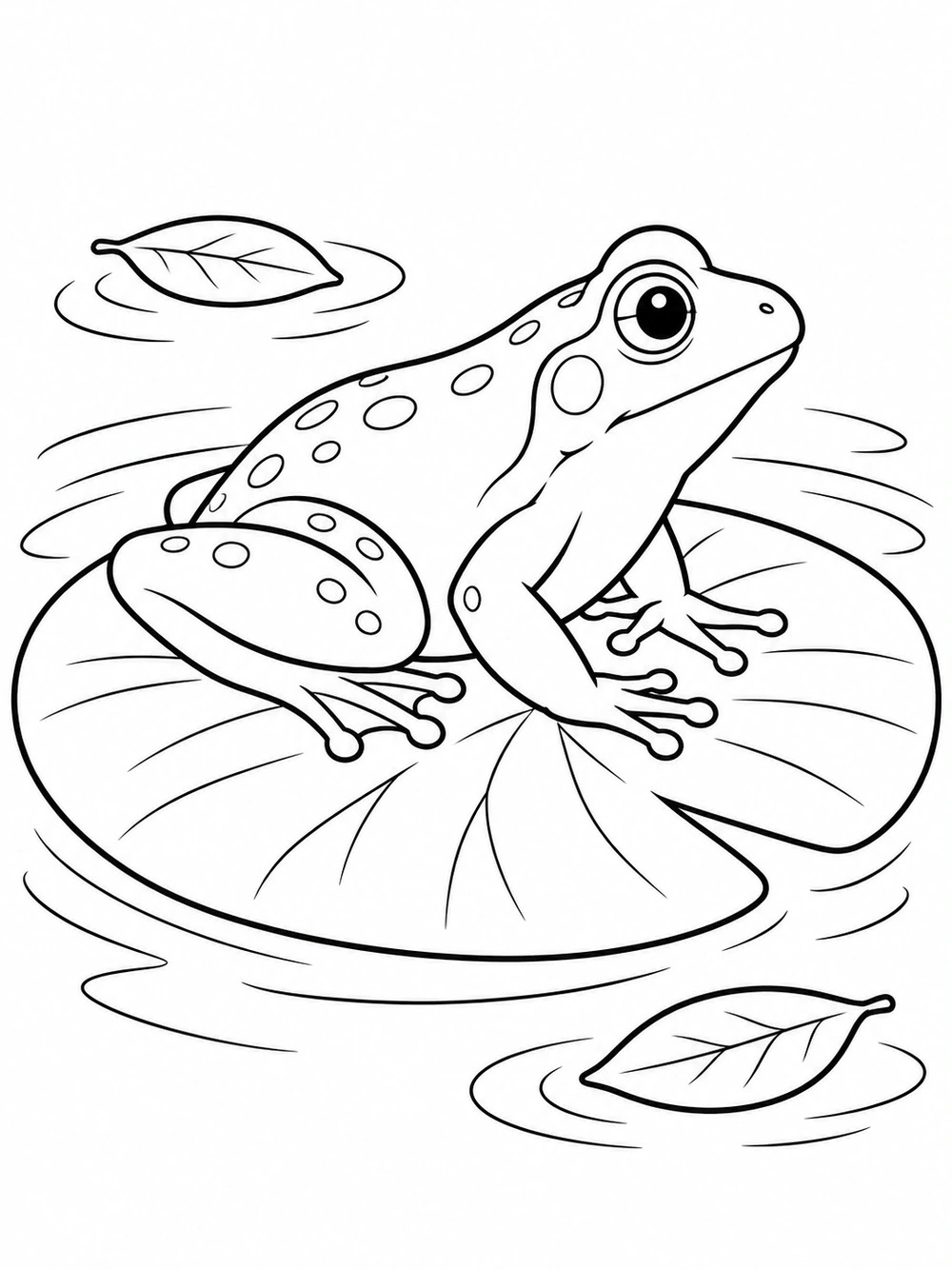 A side-facing frog resting on a large lily pad, surrounded by water ripples and two floating leaves