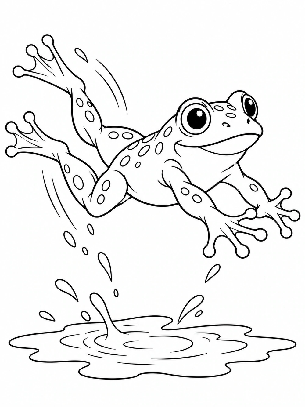 A spotted frog stretching its legs mid-leap above a puddle, with motion marks and water droplets.