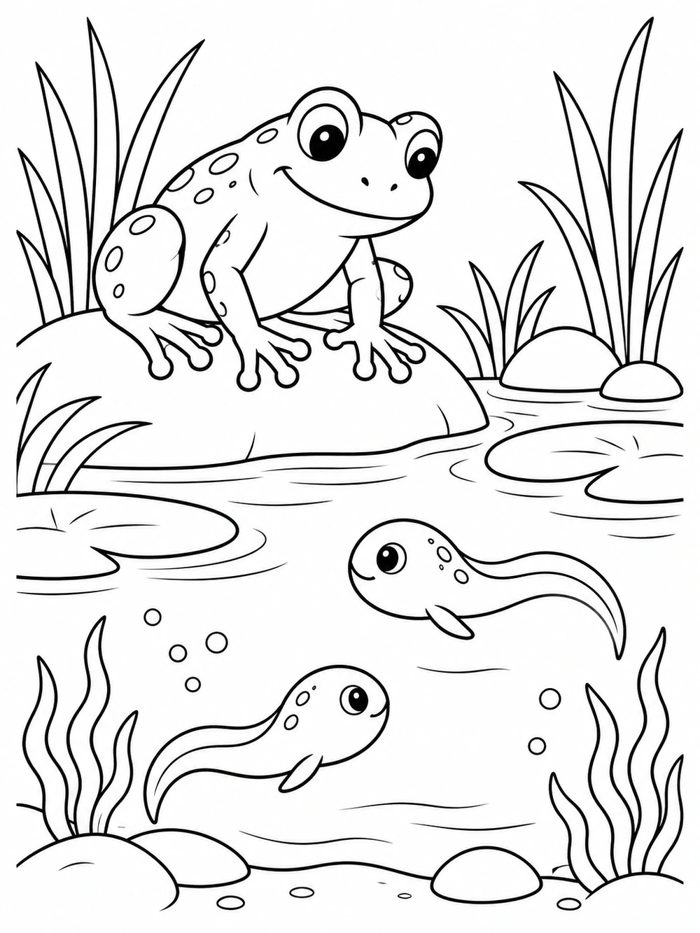 A smiling frog perched by a pond while exactly two tadpoles swim below the water among pond plants.