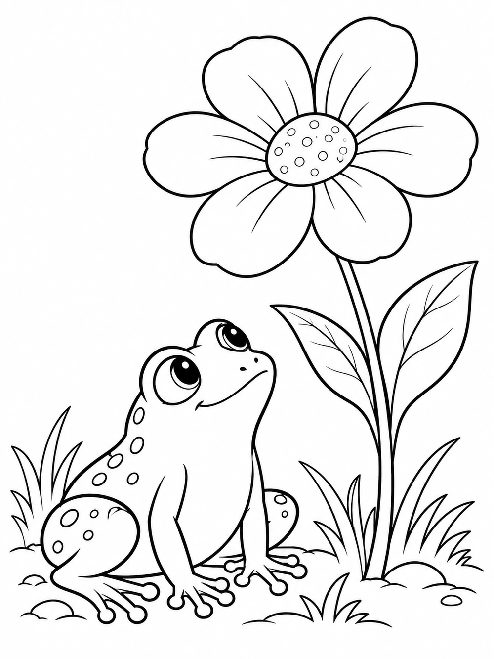 A large-eyed frog crouches beside a tall flower with broad petals and leaves, in black outlines on white.
