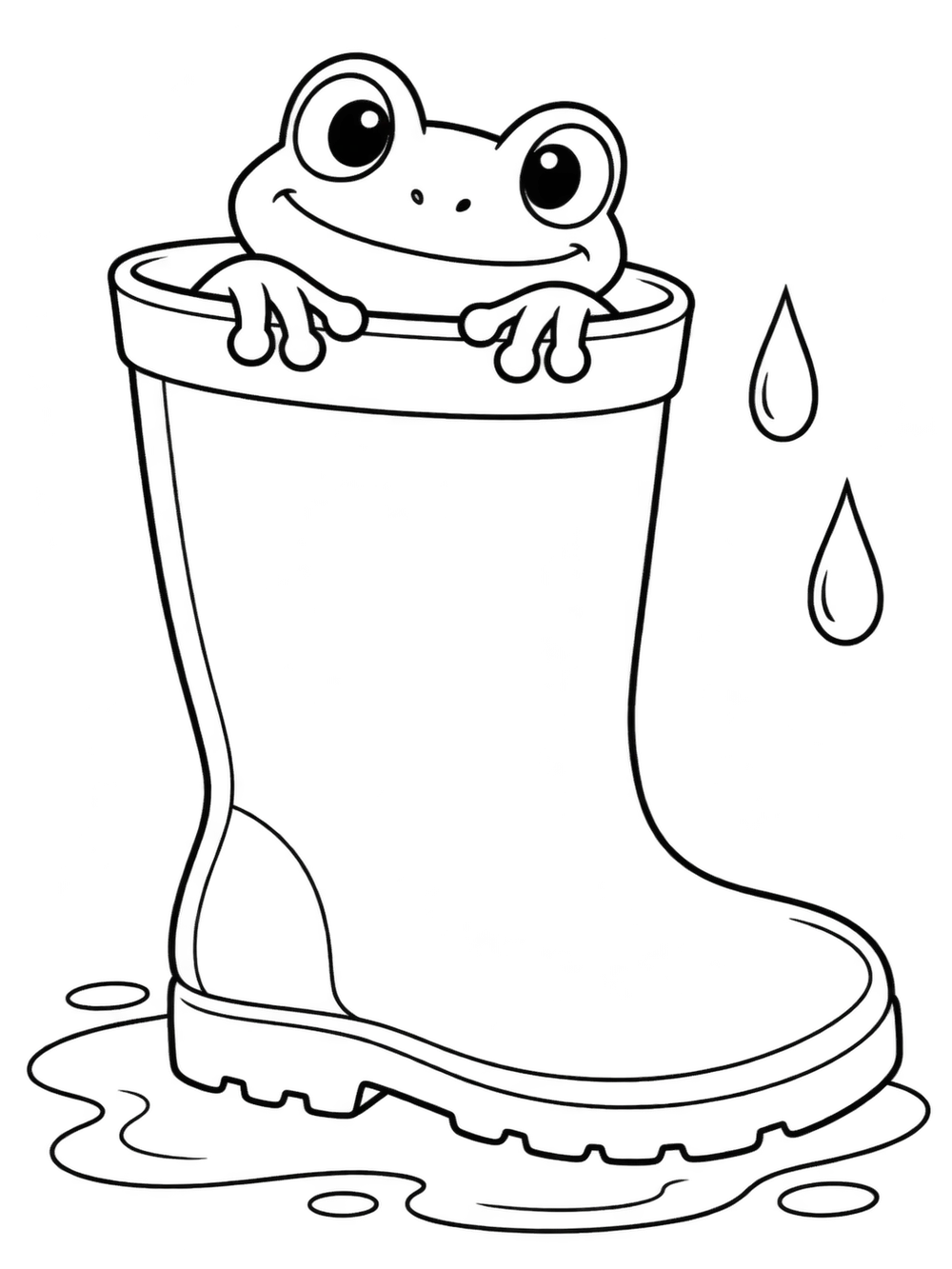 Black-outline coloring page of a frog peeking over a large rain boot, with two raindrops and puddles nearby.