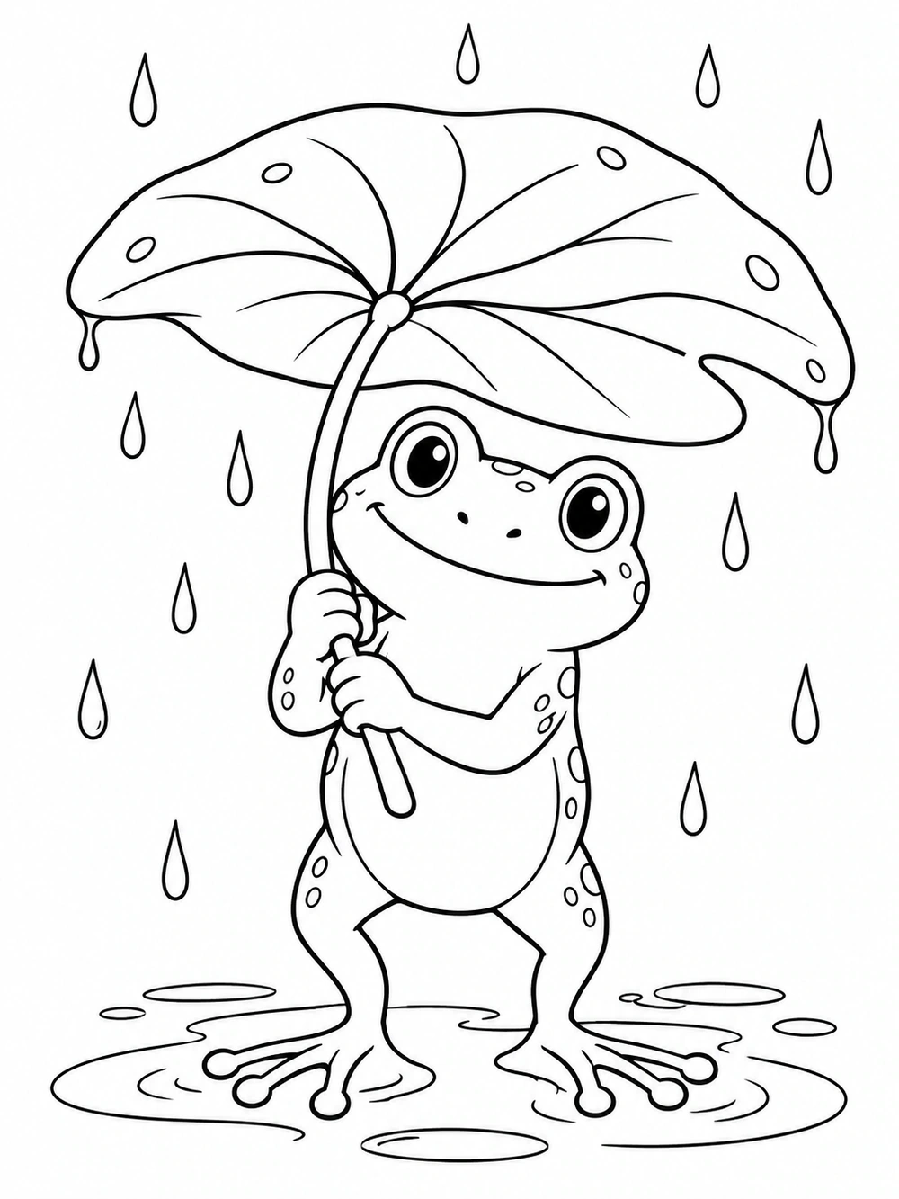 A smiling upright frog holds a broad lily pad above its head like an umbrella, standing in a small puddle as raindrops fall.
