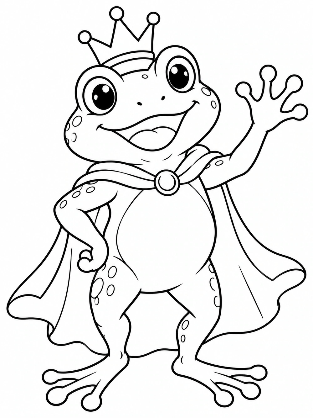 A smiling frog prince with a raised hand, simple crown, and flowing cape, drawn in black outlines on white.