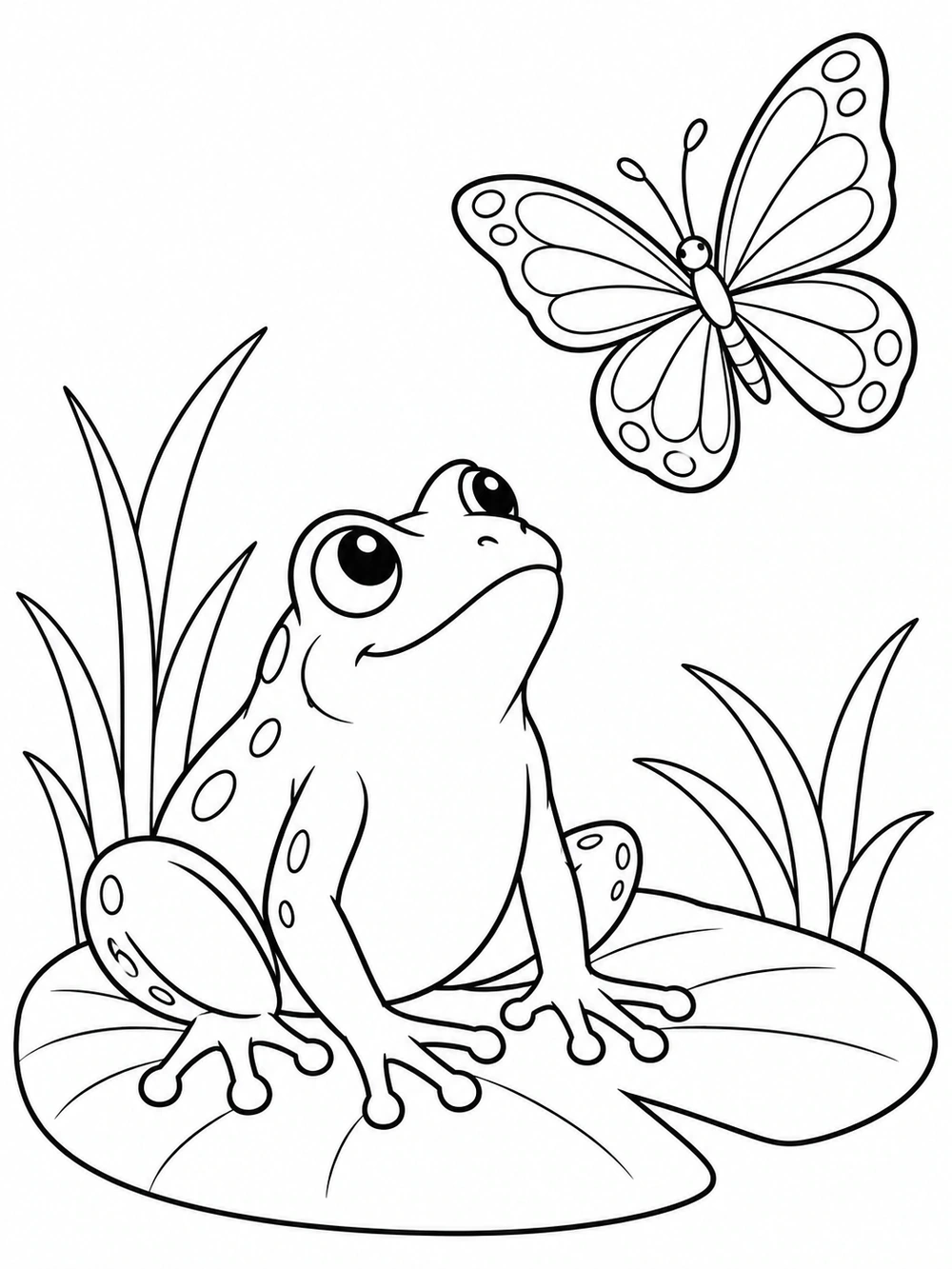 A seated frog looking up at a large butterfly above a lily pad, with grass around it.