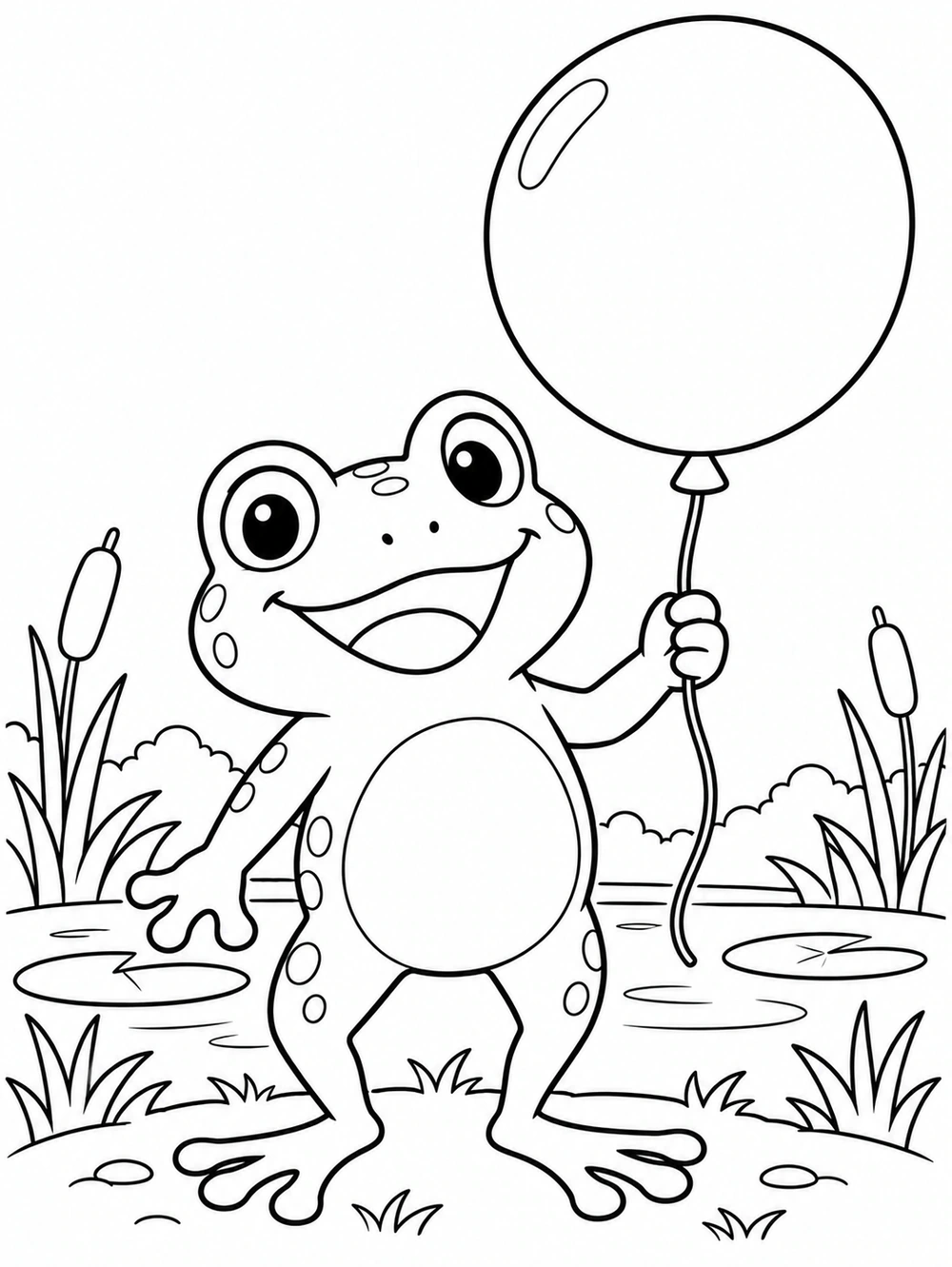 A smiling frog standing by a pond and holding a large blank balloon by its string.