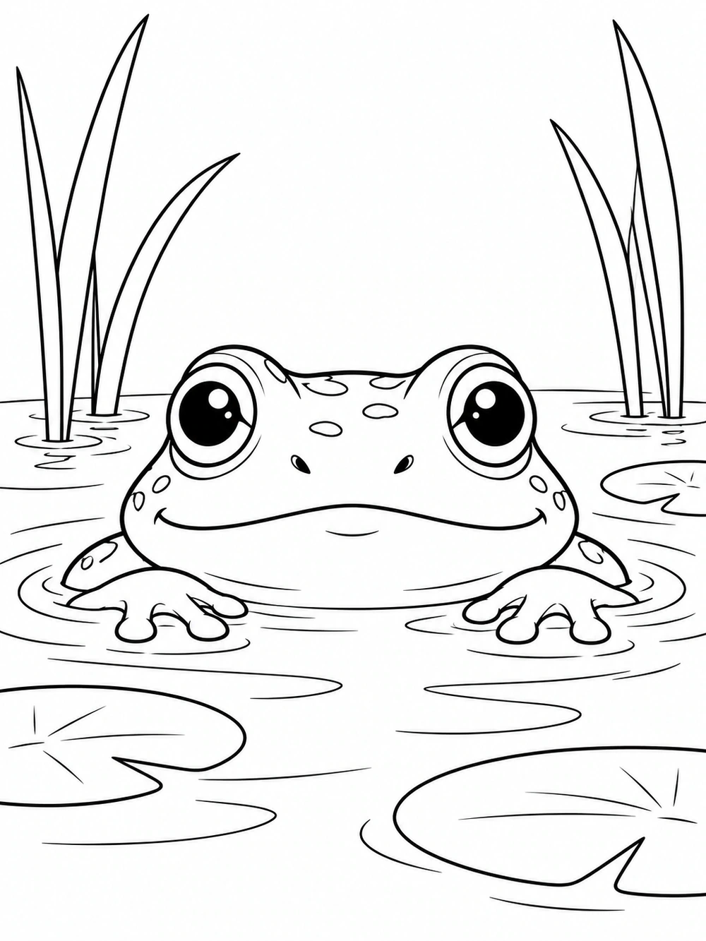 A wide-eyed frog floating with its front feet above the pond, framed by tall reeds, ripples, and lily pads.