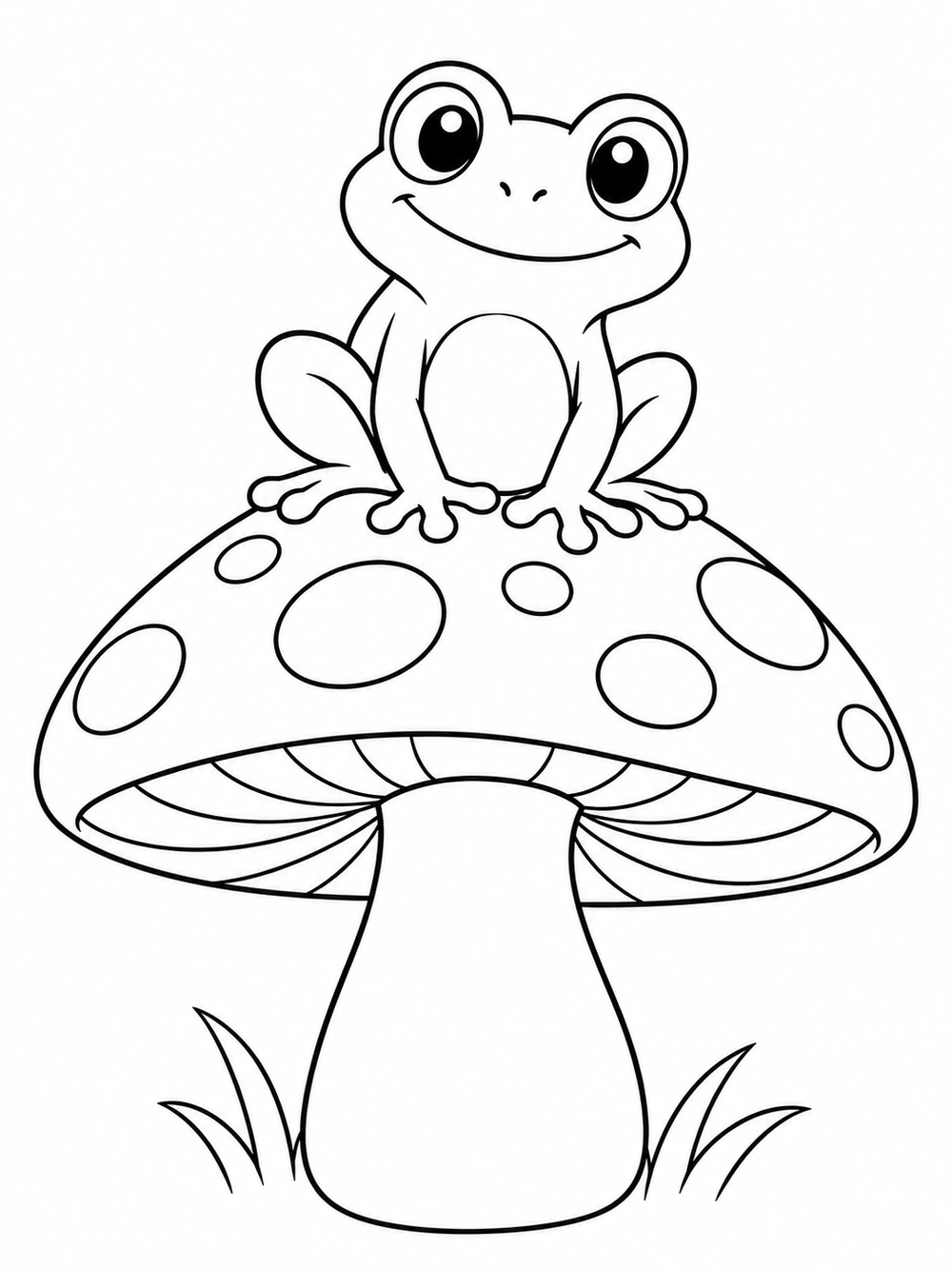 A smiling frog perched on a large spotted mushroom with grass below, drawn in black outlines on white.