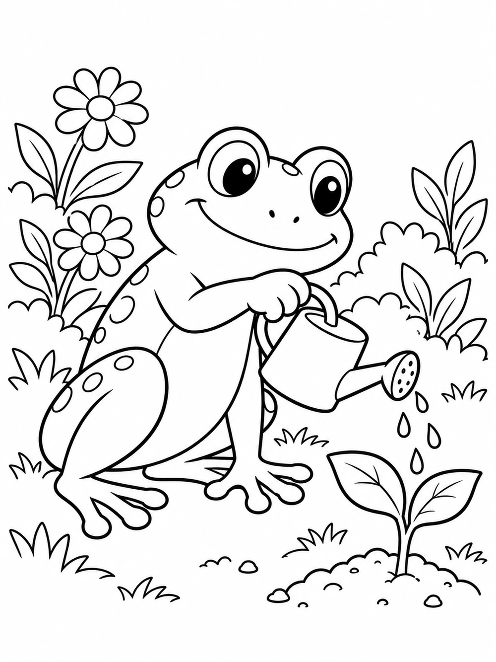 A smiling frog tilts a watering can, sprinkling droplets onto a two-leaf sprout in a garden.