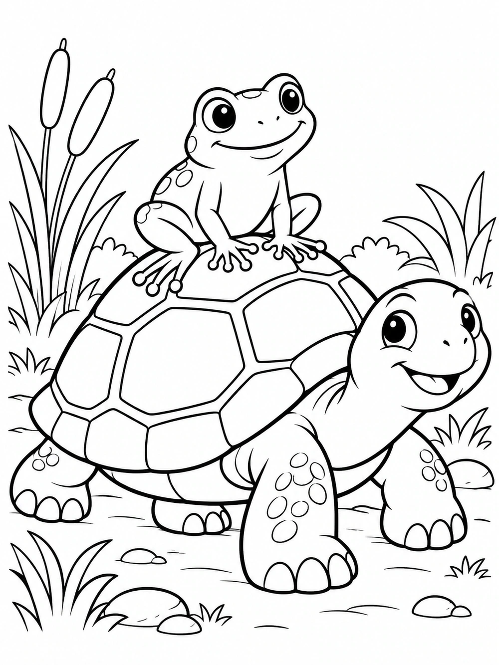 A smiling frog riding atop a friendly turtle with a broad, geometric-panel shell, surrounded by simple pond plants.