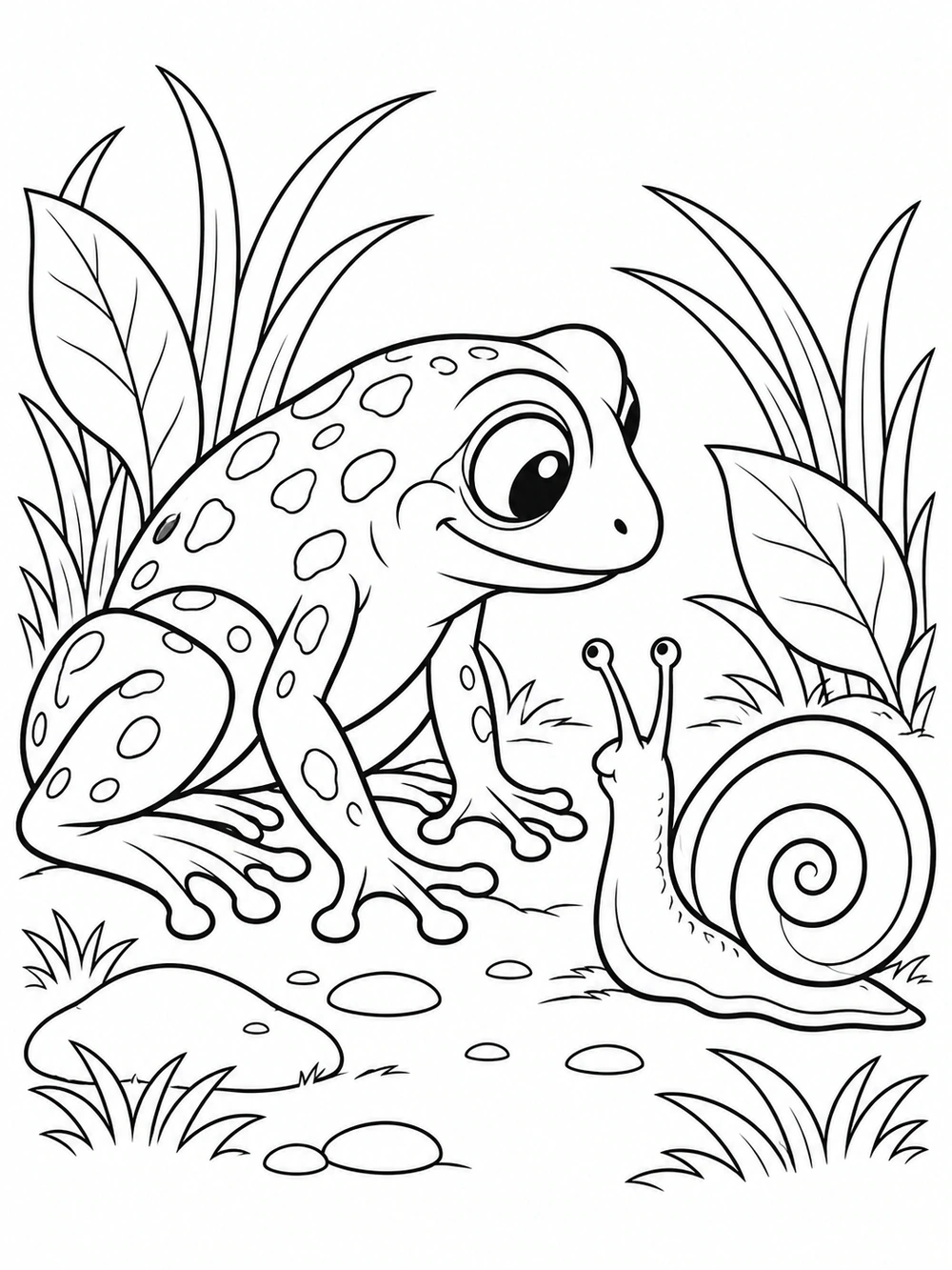 A side-facing frog crouches beside a snail with raised eye stalks and a large spiral shell, surrounded by reeds and stones.