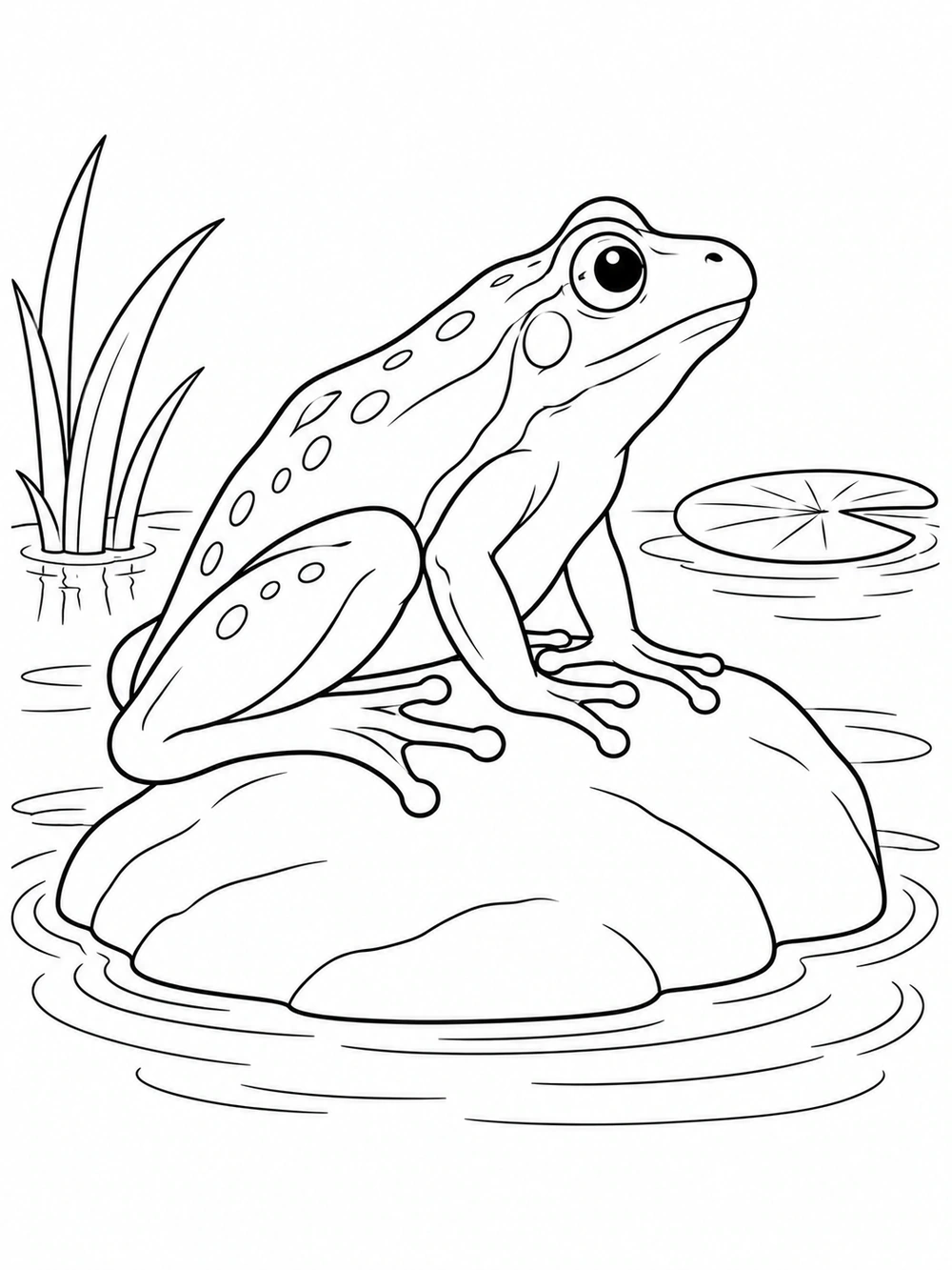 Black outline coloring page of a frog in profile perched on a broad pond rock, with water ripples and a lily pad.