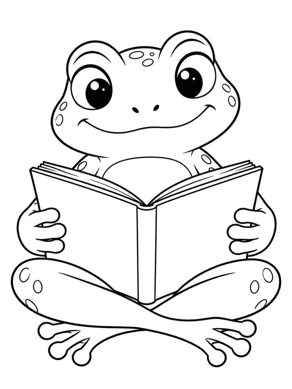 A wide-eyed frog sitting cross-legged and holding an open blank book.