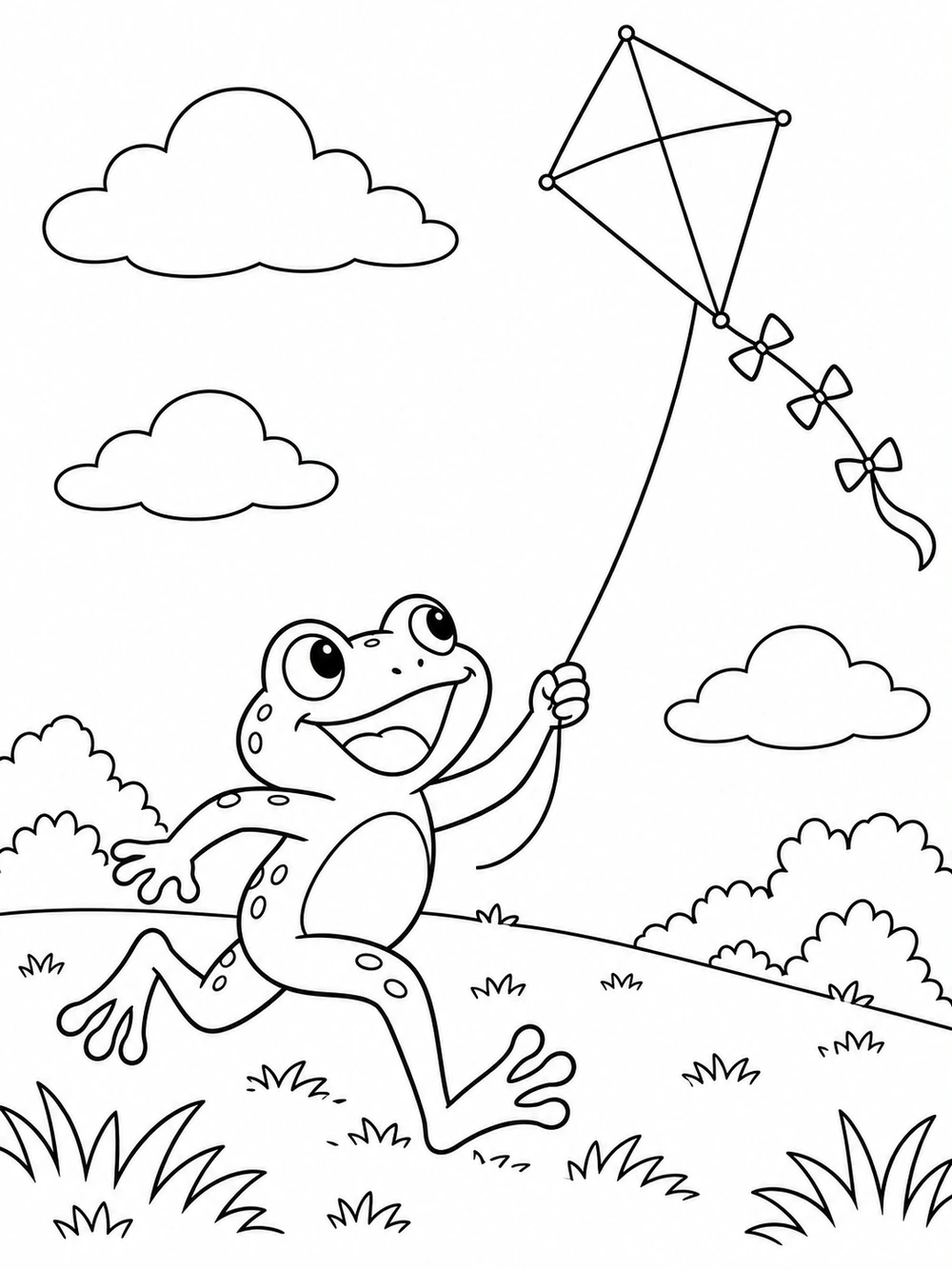 A smiling frog running across a grassy field while holding the string of a diamond-shaped kite with a curling bow-decorated tail.