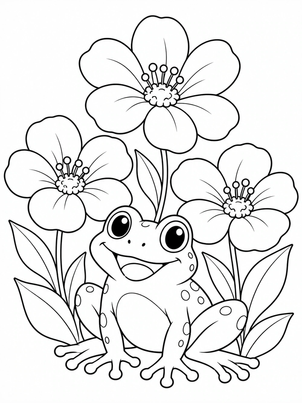 A smiling frog with large eyes sits between three large, open-petaled flowers, surrounded by simple leaves in black outline on white.