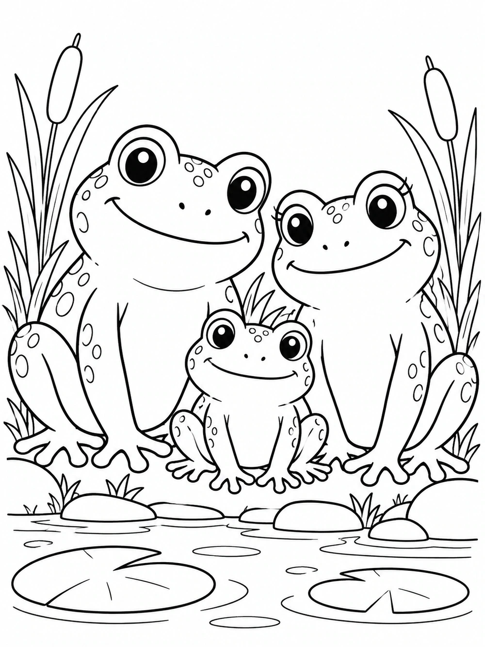 A family of three frogs, with two adults and a young frog, sitting at a pond among reeds and lily pads.