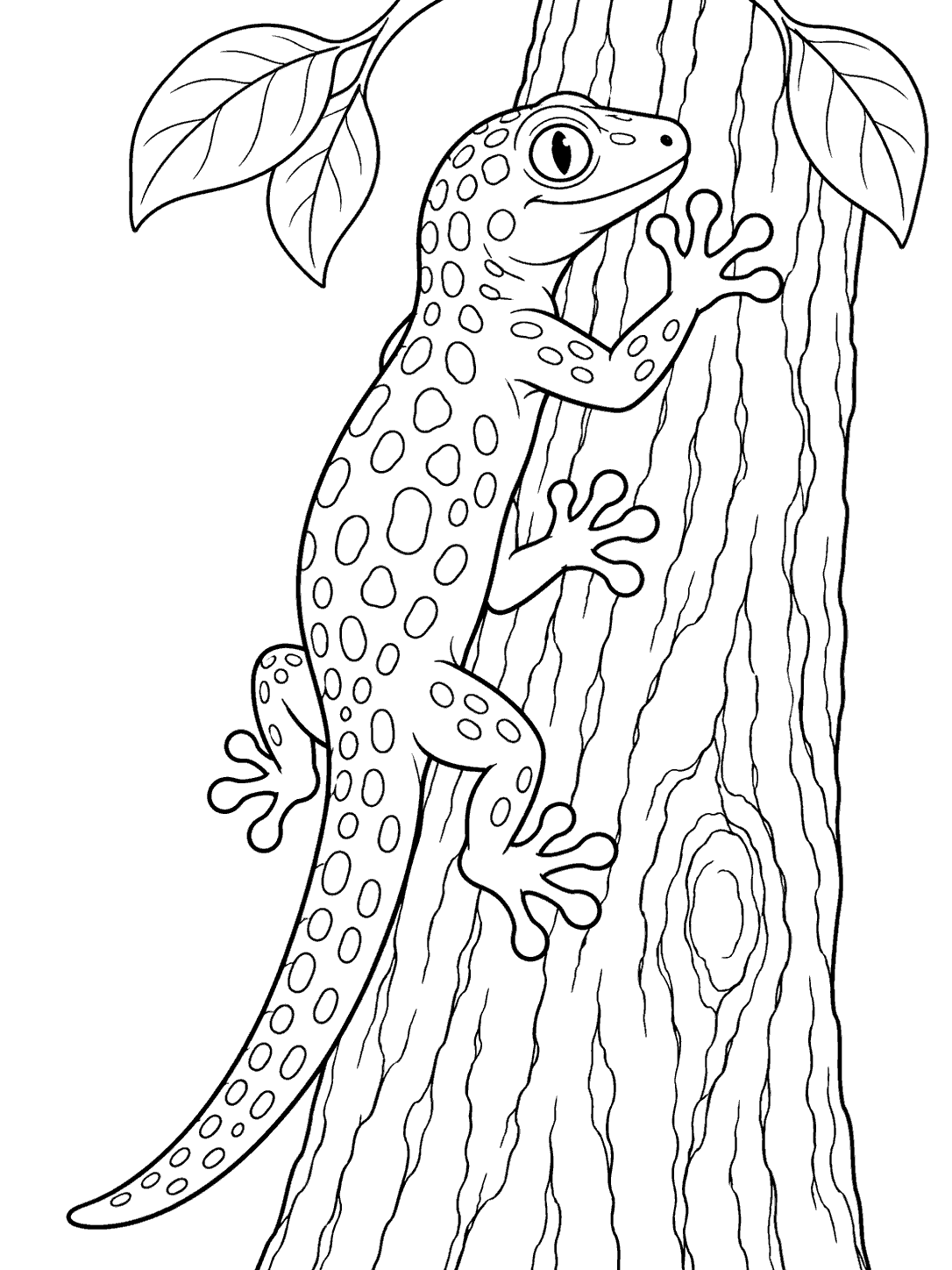 Black-and-white coloring page of a large spotted gecko gripping a tree trunk with all four toe-padded feet, its tail trailing down and two leaves above.