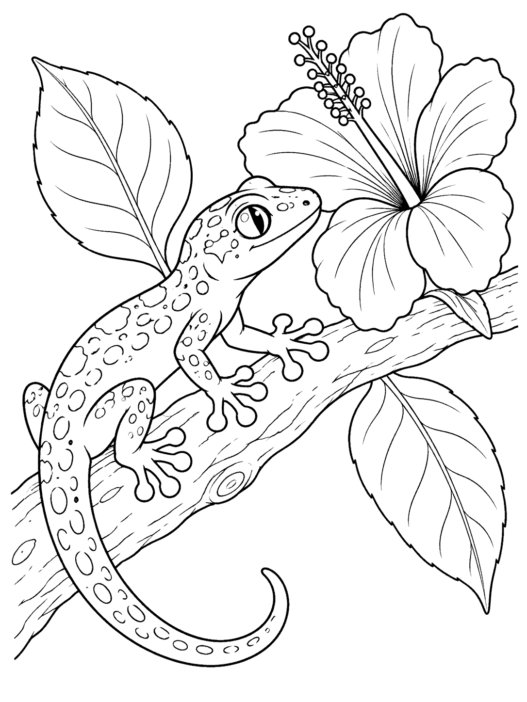 A spotted gecko with rounded toe pads grips a diagonal branch beside a large tropical flower and broad veined leaves.