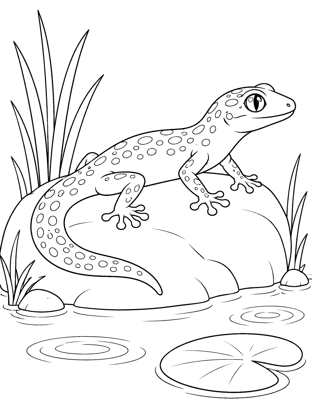 Profile view of a spotted gecko with four toe-padded legs and a curved tail resting on a pond stone, with reeds, ripples, and a lily pad.