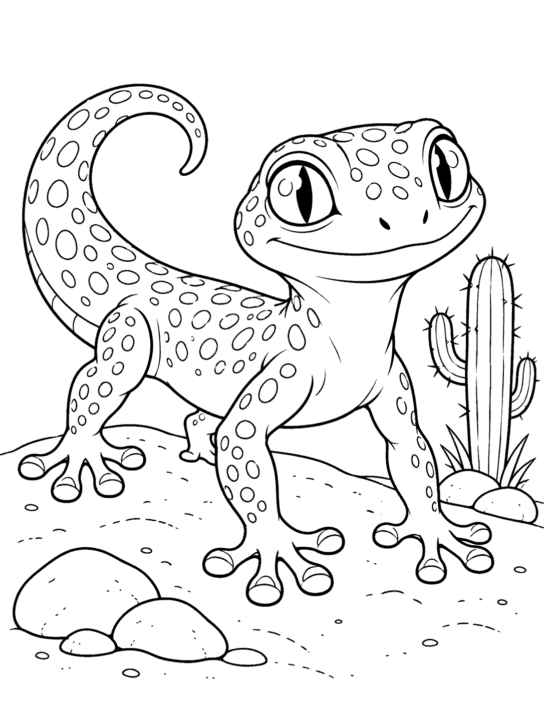 Large spotted gecko with a curled tail and splayed toe pads beside a cactus and rounded stones.