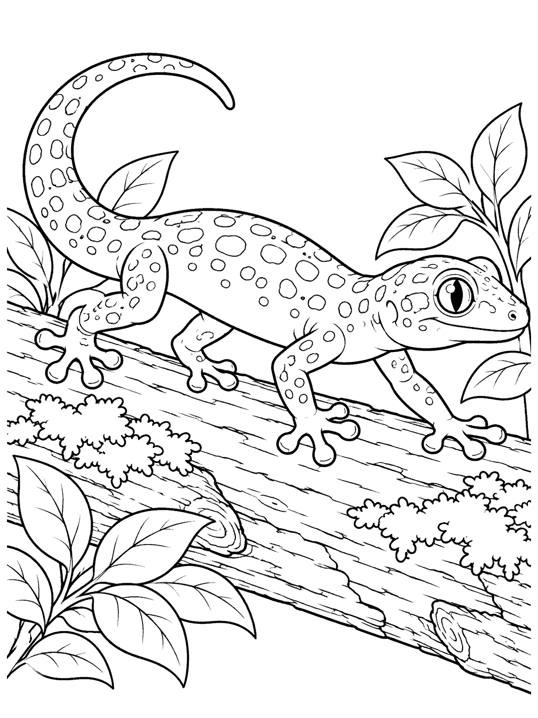 Black-and-white coloring page showing an alert gecko with rounded toe pads walking across a fallen log, surrounded by leaves and moss.