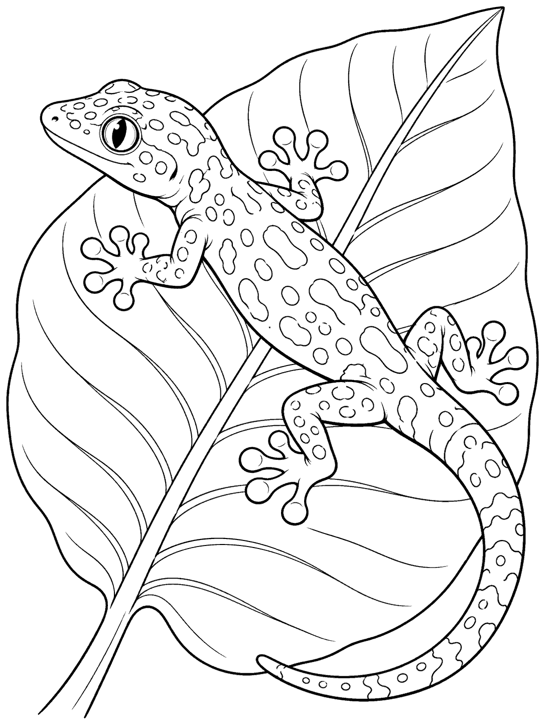 A spotted gecko with four spread limbs and rounded toe pads stretches diagonally over a large veined leaf.