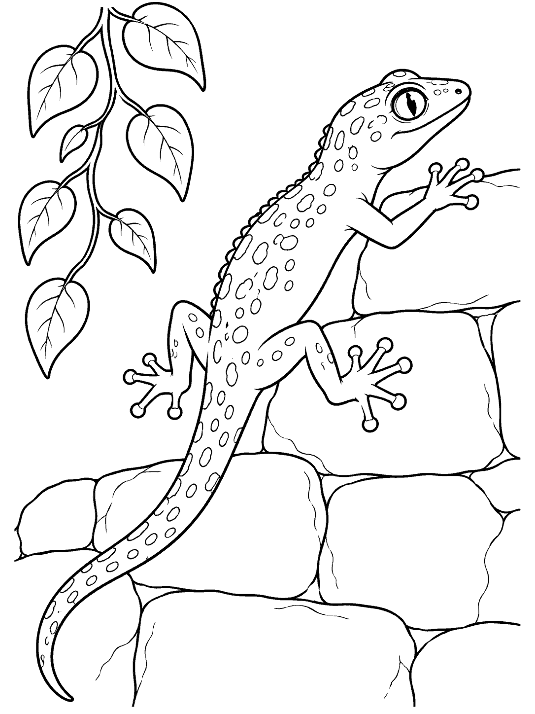 A spotted gecko with splayed toes and a long curling tail climbs a stone garden wall beside a descending leafy vine.