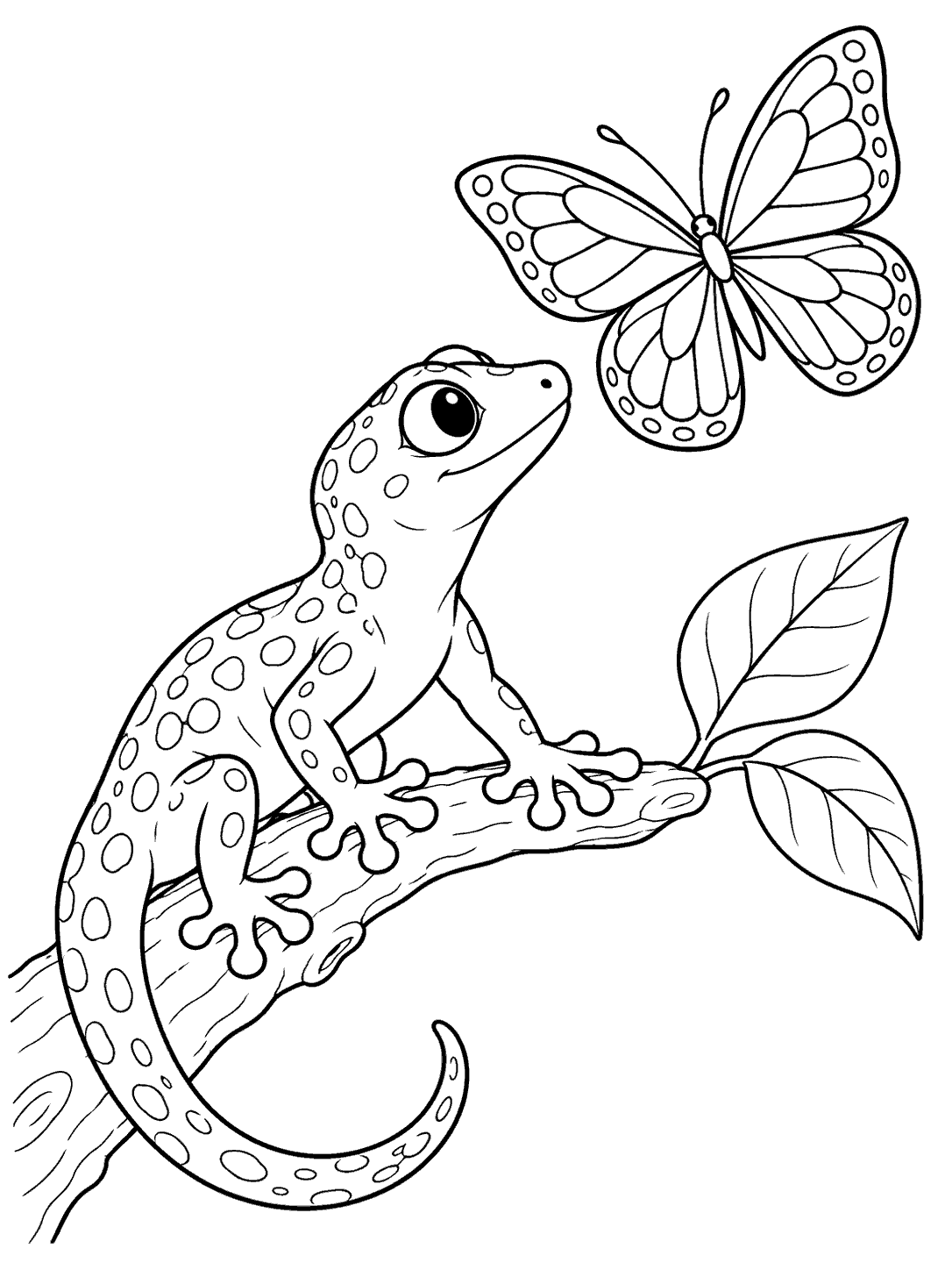 Black-and-white coloring page showing a spotted gecko with visible toe pads and a curled tail perched on a branch, looking up at a large butterfly; two leaves sit beside the branch.