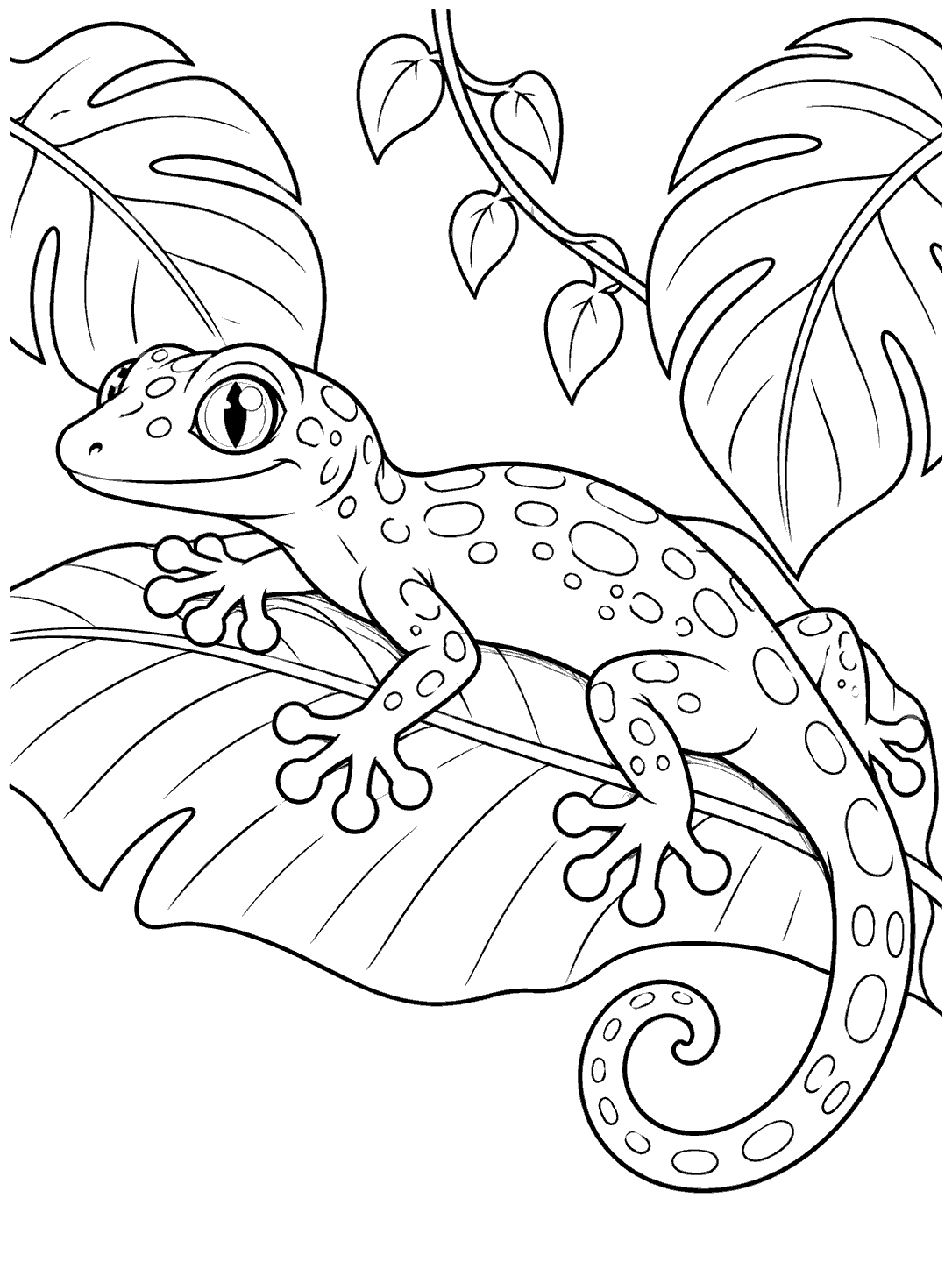 A large-eyed gecko with four rounded toe-pad feet and a curled tail resting across a broad leaf, surrounded by rainforest foliage.