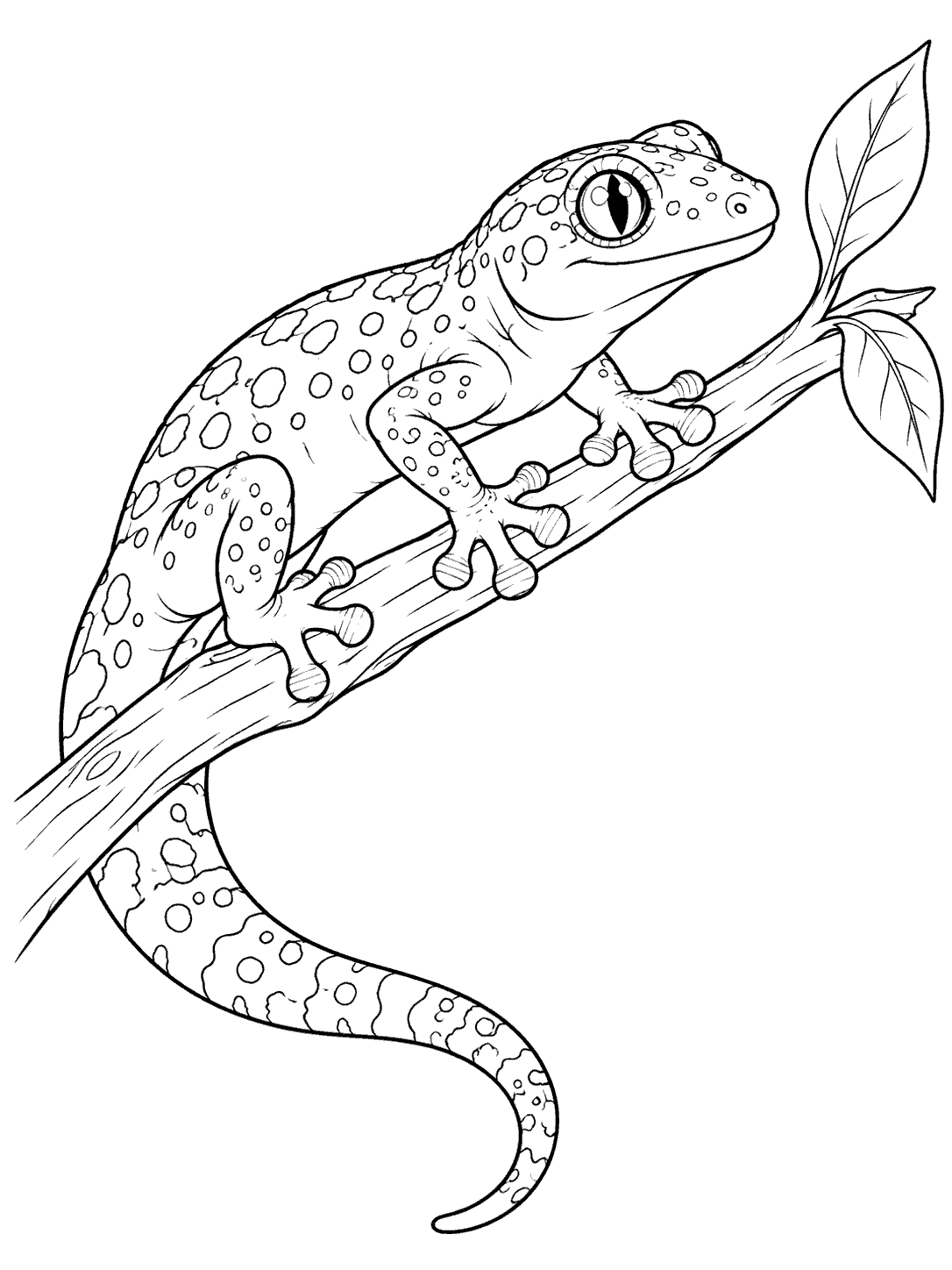Black-and-white gecko with rounded toe pads balancing on a diagonal branch beside a pair of leaves, its tail sweeping beneath.