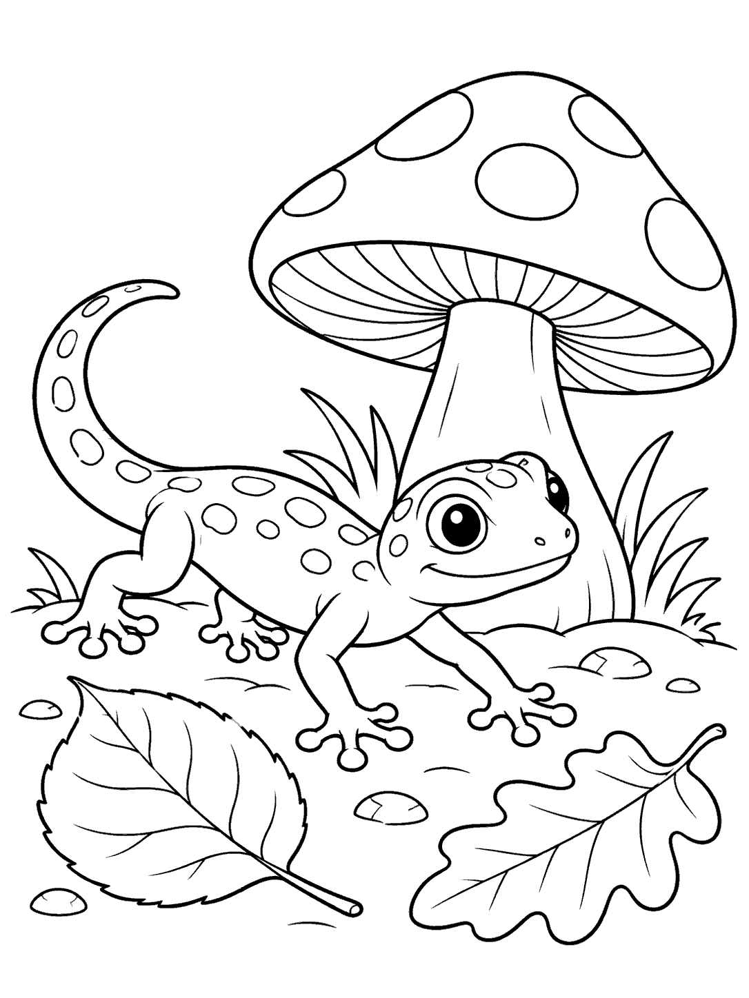 A large-eyed gecko with a curled tail and visible toe pads stands beside a broad spotted mushroom, grass, small stones, and two fallen leaves.