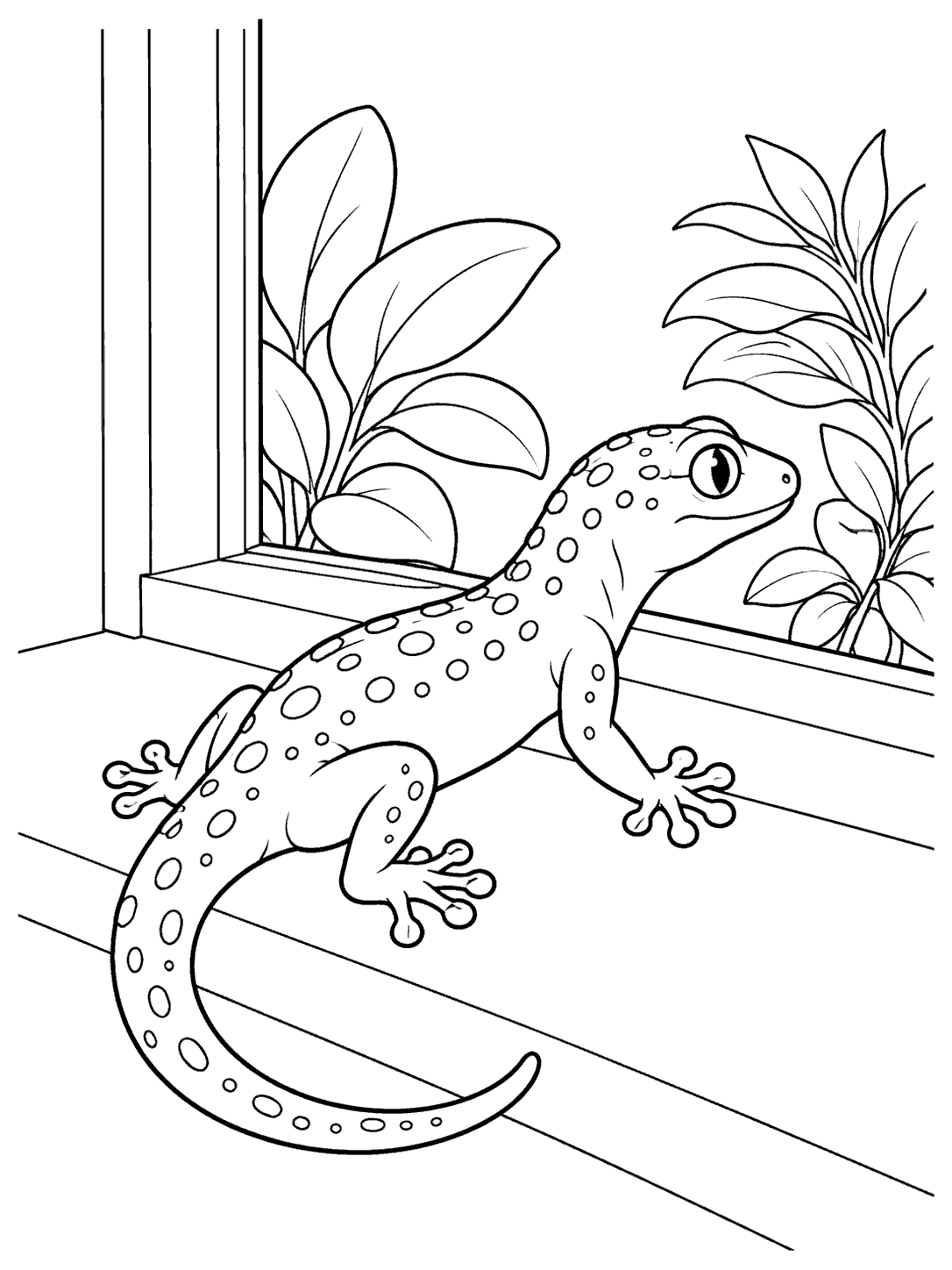 Black line art of a spotted gecko with a curved tail resting on an indoor window ledge, with leafy plants around the window.