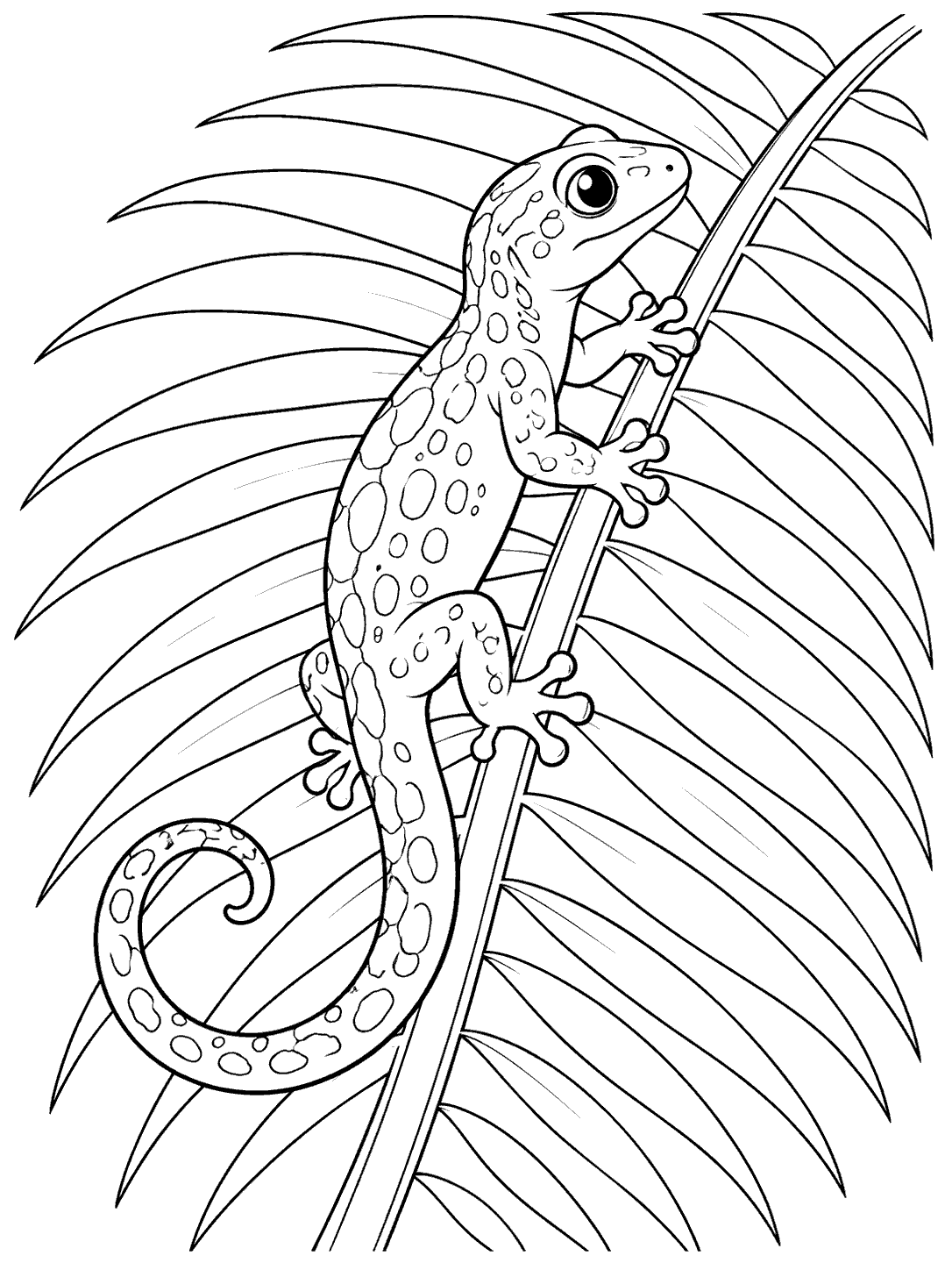 Black-and-white coloring page showing a spotted gecko gripping a curved palm frond with its toe pads, with a curled tail and long radiating leaflets.