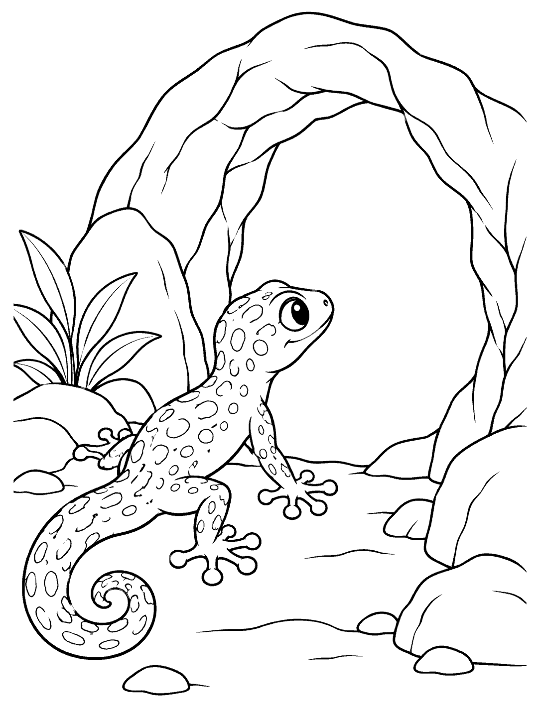 A spotted gecko with a curled tail and four splayed toe-pad feet stands inside a rocky cave entrance beside a small leafy plant.