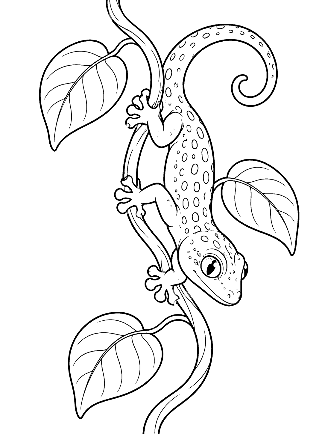 Spotted gecko climbing a leafy vine coloring page