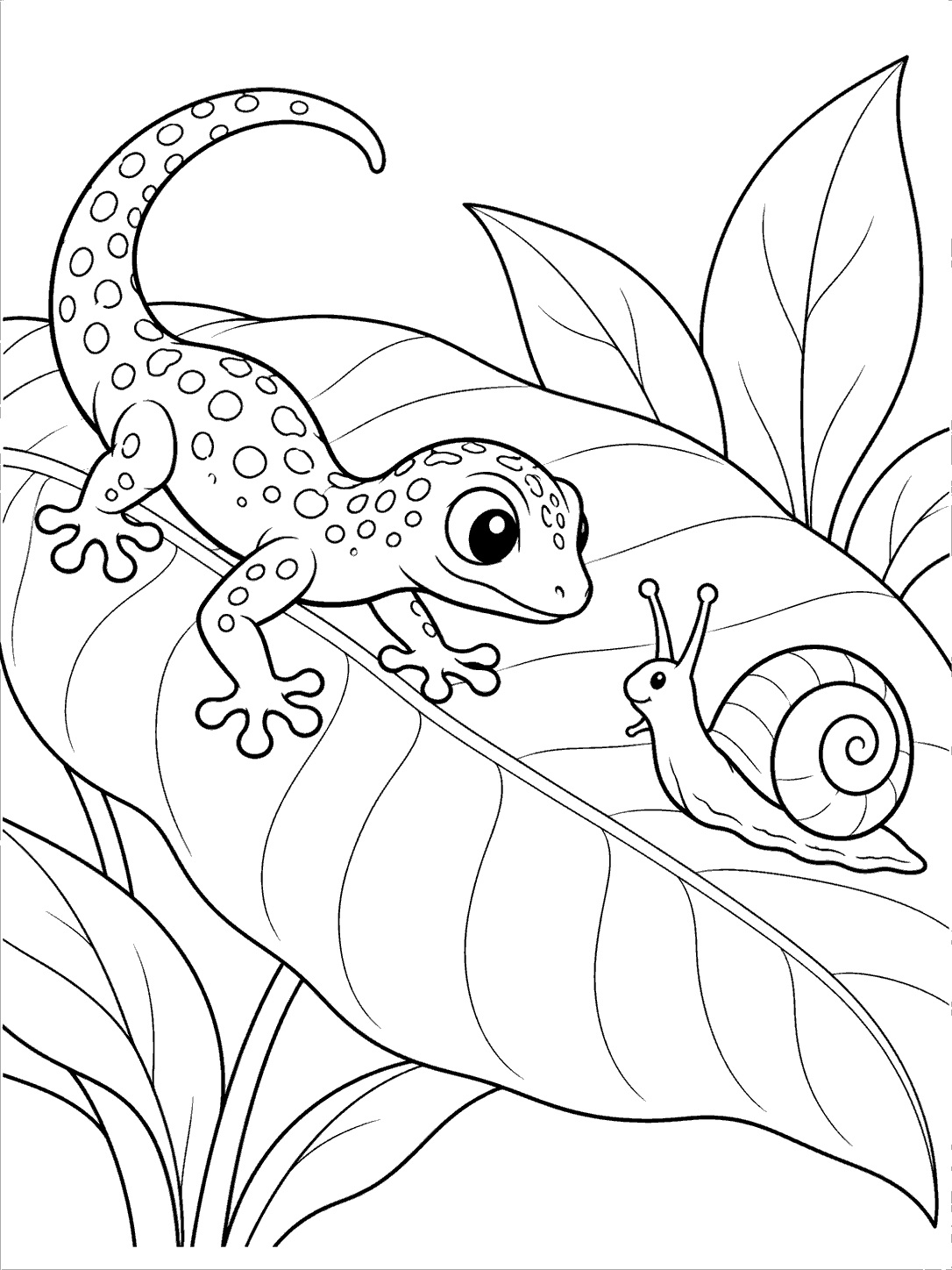 Black outline coloring page showing a large eyed gecko with rounded toe pads facing a spiral-shelled snail on a veined leaf.